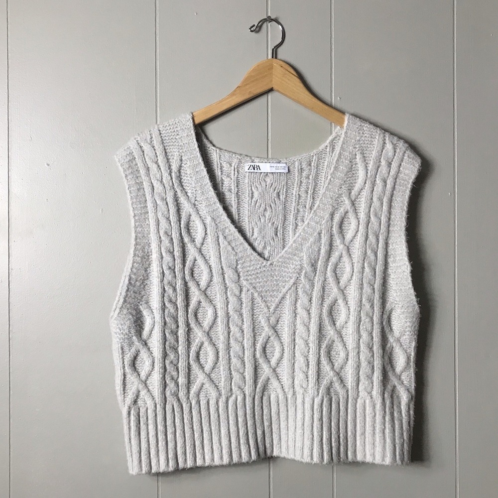 ZARA OATMEAL FISHERMAN CABLE KNIT CROP SWEATER VEST WOMENS SIZE MEDIUM